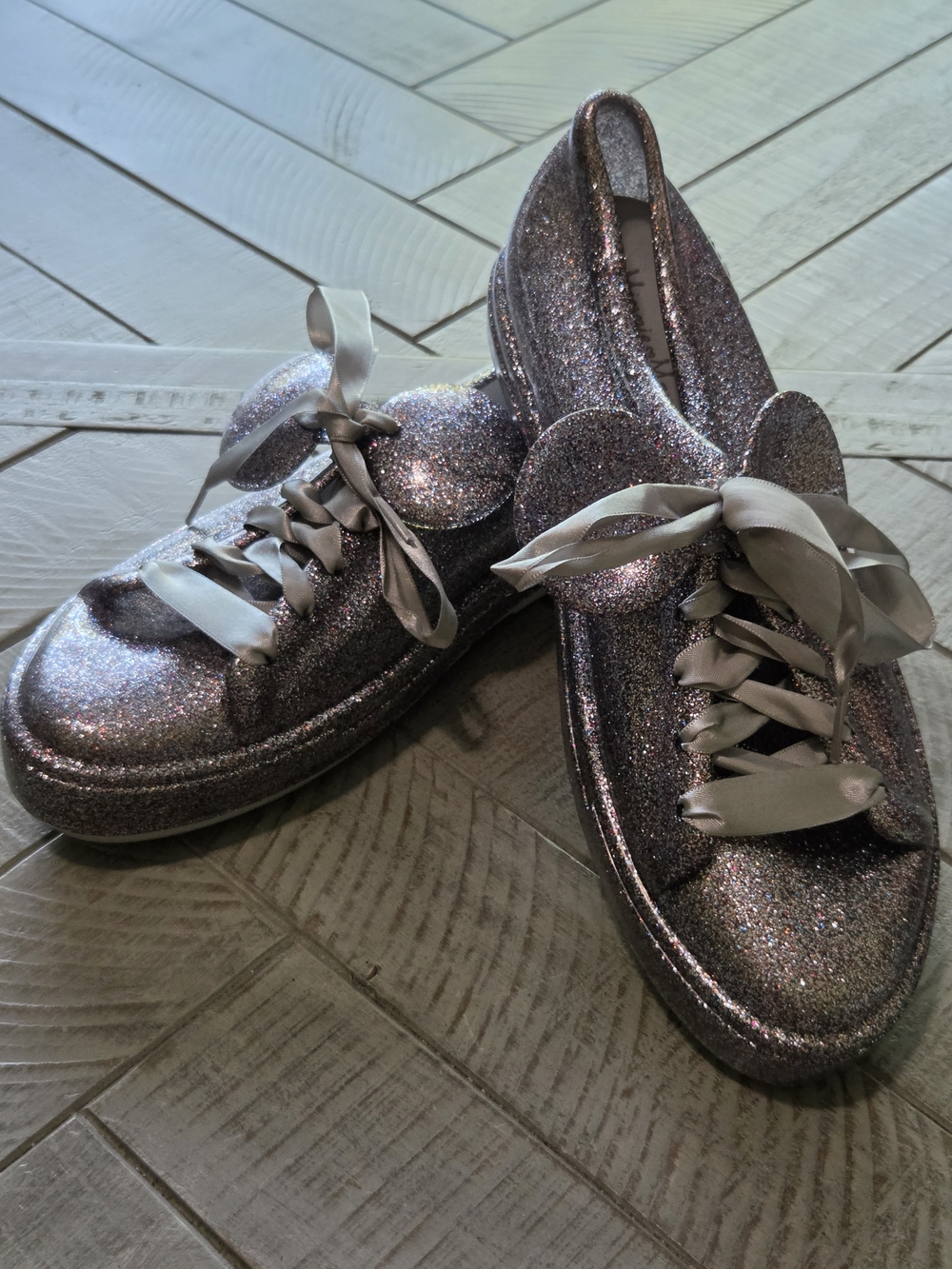 Melissa Minnie Mouse Ears Glitter Platform Lace-Up Sneakers Ribbon Laces